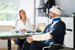 A man in a wheelchair and a neck brace asks a lawyer about the Adult Function Report for Disability.