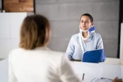 A woman in a neck brace and an arm sling consults a lawyer about what to expect at her Social Security Disability interview.