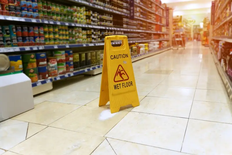 An image of a folding floor sign in a supermarket aisle. The sign reads "Caution. Wet floor." Rockpoint Legal Funding provides cash for plaintiffs in slip and fall lawsuits.