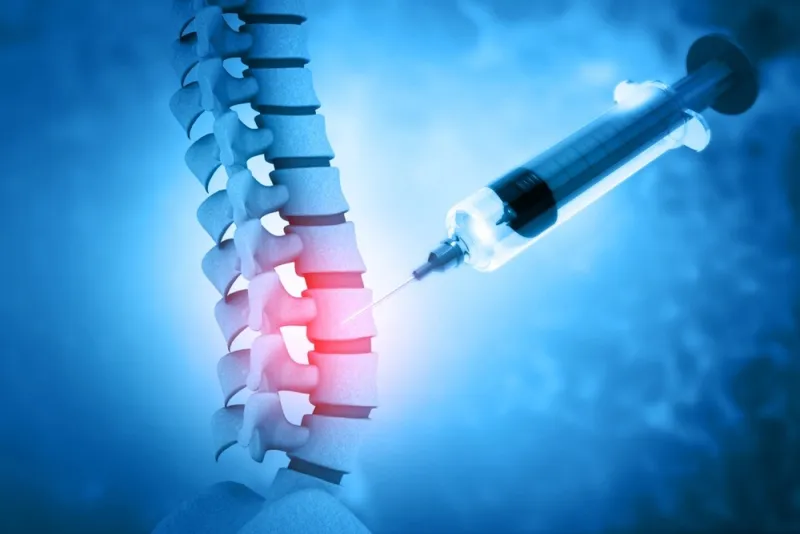 A computer generated image of a spine with a needle and syringe. Rockpoint Legal Funding provides medical lien services for procedures like Medial Branch Nerve Block and Facet Joint Injection.