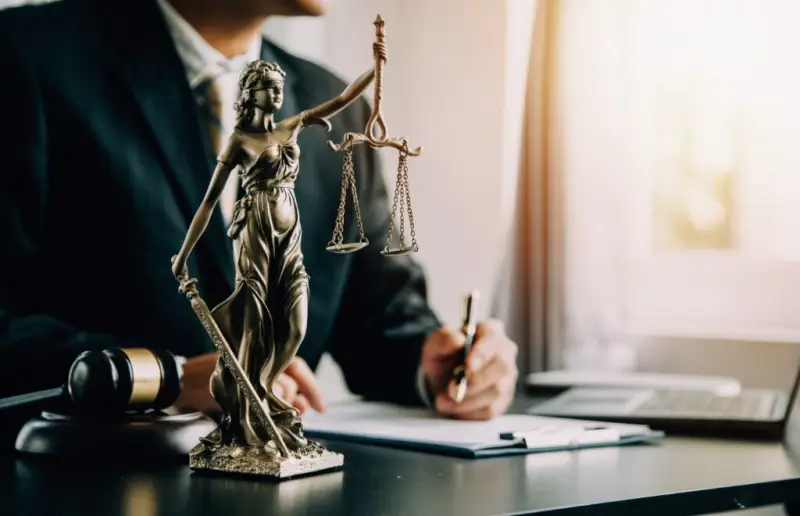 lawyer working near gavel and scales of justice