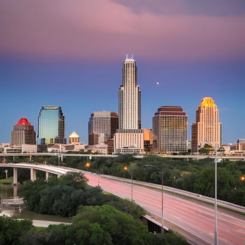 AI-generated image of Austin skyline, where legal funding is available