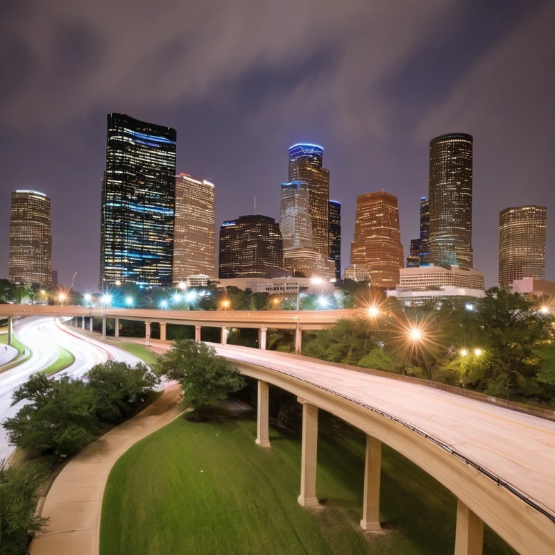 AI-generated image of Houston skyline, where legal funding is available