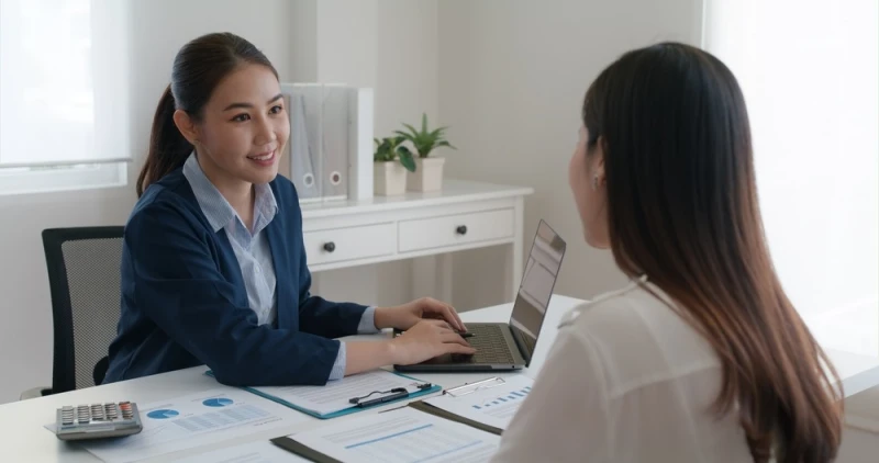 Woman smiling after explaining pre-settlement funding agreement to female client