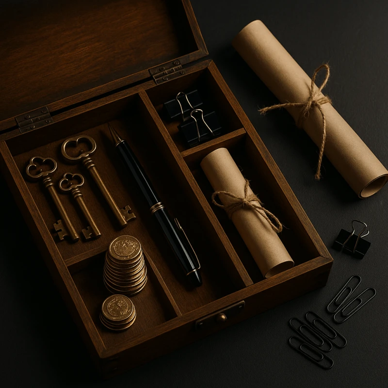 Organized paralegal toolbox scene. Top-down view of a wooden box holding brass keys, fountain pen, binder clips, and parchment, symbolizing insider tips for smart lawsuit funding requests
