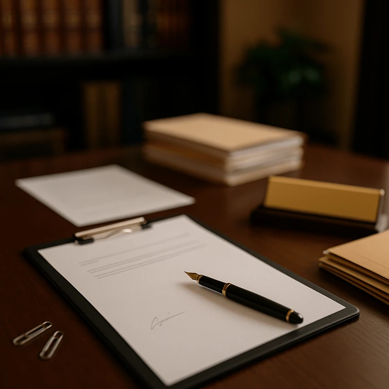 Attorney’s desk with legal files and blank letter symbolizing ethical client funding and letters of protection