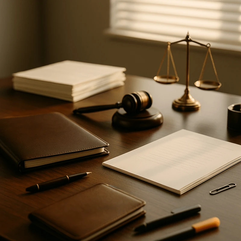 Leather contract folder with gavel and legal scales representing no win no repay funding clauses