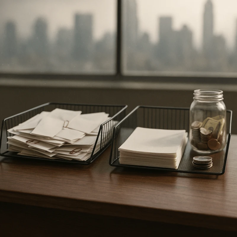 Comparison of legal funding options symbolized by two different document trays on office desk