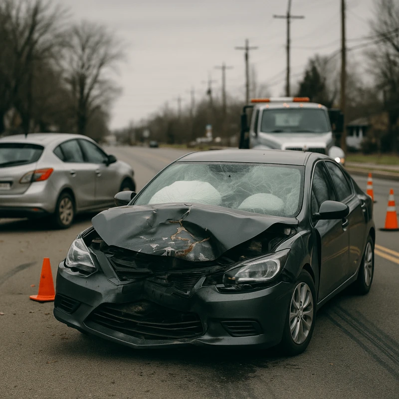 Totaled car after serious accident showing damage in lawsuit case