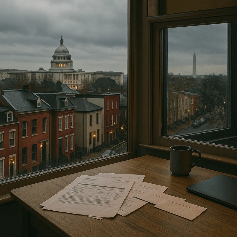 District of Columbia pre settlement funding scene with D.C. landmarks and financial paperwork indoors