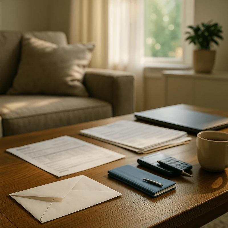 Open envelope and bills on a home table symbolizing financial relief after pre-settlement funding approval