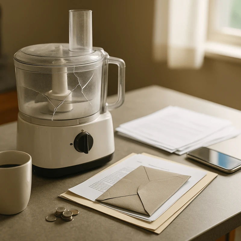 Broken household appliance on countertop symbolizing defective product lawsuits and pre-settlement funding for consumers