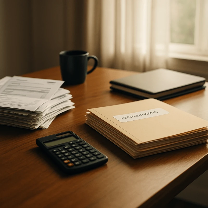 Desk with credit card bills and legal funding papers symbolizing pre-settlement funding as an alternative to payday loans