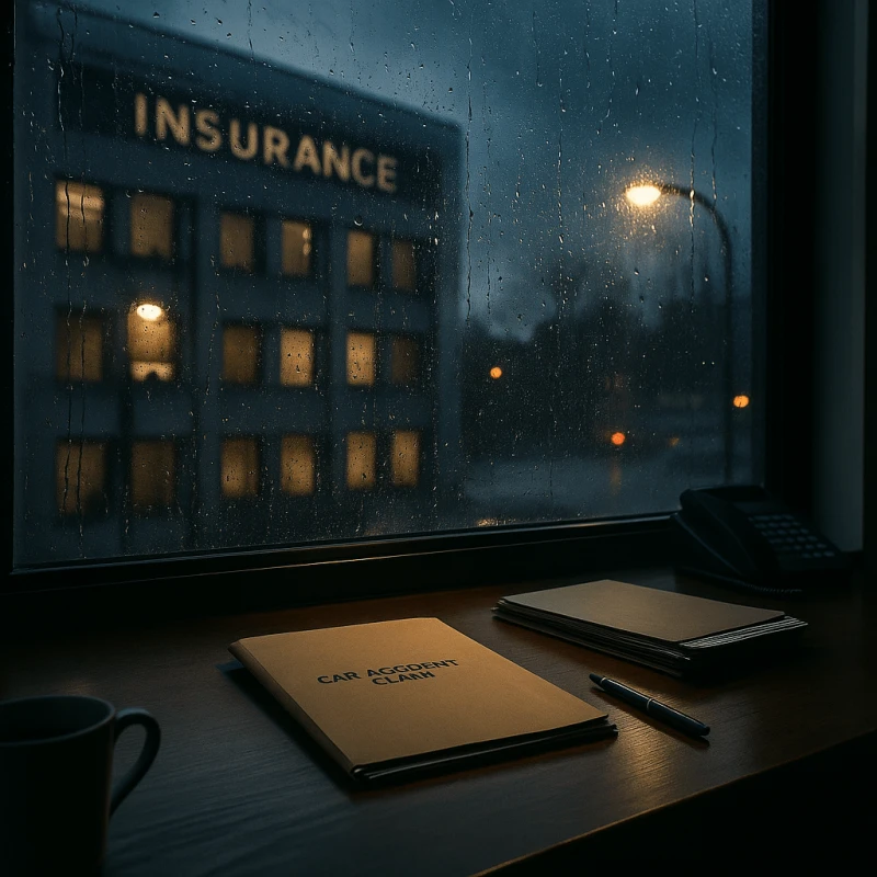 Rainy office window overlooking insurance building representing plaintiffs holding out with pre-settlement funding