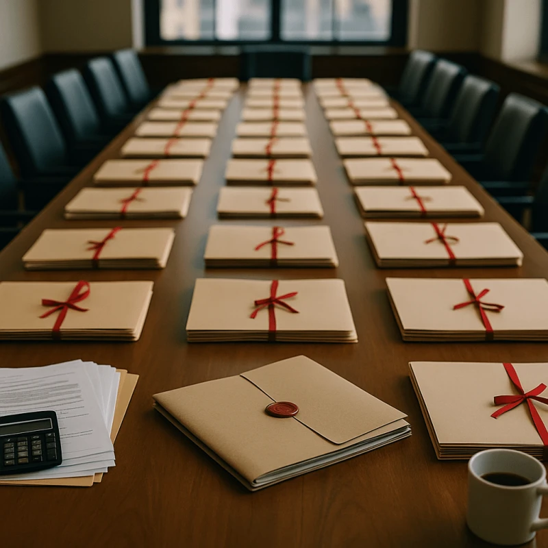 Organized folders on a long table symbolizing structured legal funding for mass tort plaintiffs