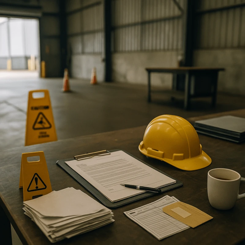 Empty industrial worksite with hard hat and clipboard symbolizing workplace injury claims and legal funding support