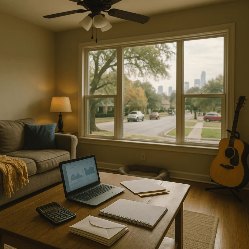 Austin living room with scattered bills symbolizing pre settlement funding in Austin supporting injured residents with everyday expenses