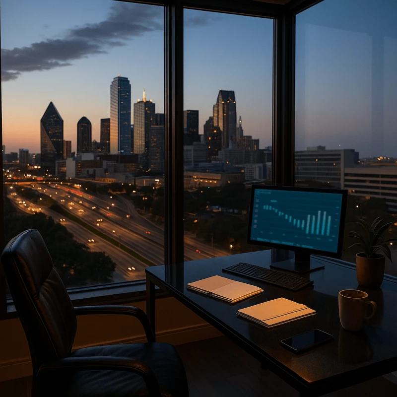 Dallas high-rise home office scene reflecting pre settlement funding in Dallas and the financial planning that supports injured claimants