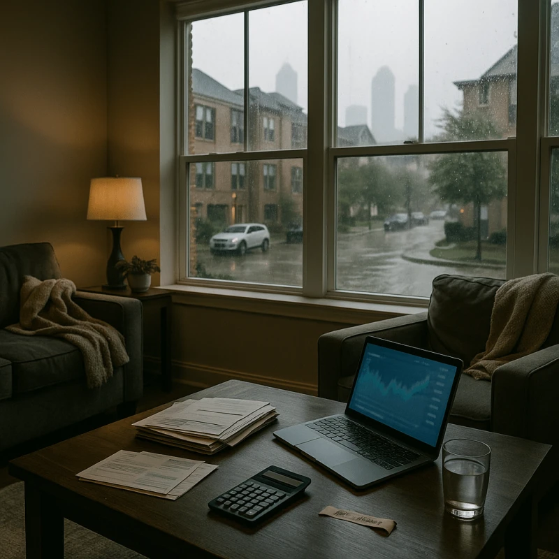 Houston townhouse living room on rainy day illustrating pre settlement funding in Houston helping accident victims manage bills during recovery