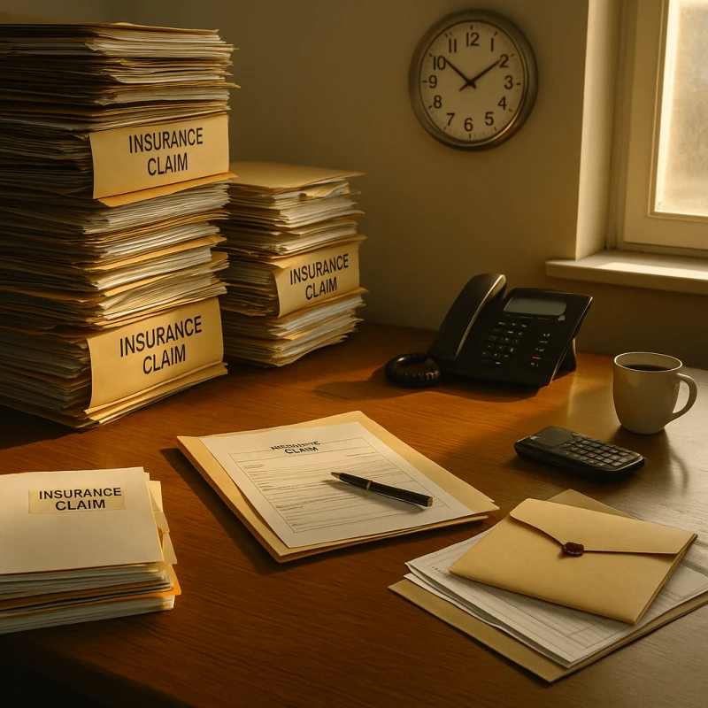 Crowded insurance office desk with claim folders symbolizing settlement delays and backlog in insurance processing