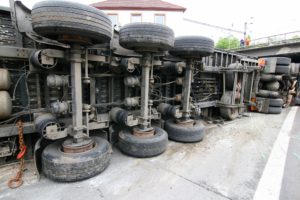 close-up on wheels of crashed truck