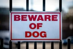 A ‘beware of dog’ sign on a fence. A Duluth dog bite lawyer can help you after an animal attack.