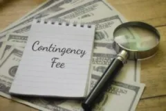 A pad of paper and a magnifying glass on top of hundreds of dollars. The pad says contingency fee, a common way to pay construction accident lawyers.
