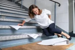 A woman slips and drops a binder full of documents down the stairs.