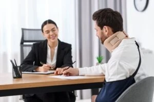 An injury victim signs an agreement with an attorney after finding the best personal injury lawyer for his case.