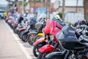 A row of parked motorcycles on the street is one of the top dangers of Daytona Bike Week.