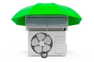 3d rendering of air conditioner under green umbrella