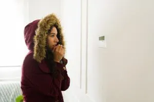 woman in coat looking at thermostat