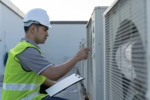 An HVAC technician working on light commercial HVAC.