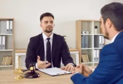 Lawyer having a meeting with a new client. Young male attorney in suit and tie sitting at office desk, sharing legal advice, explaining inheritance process.