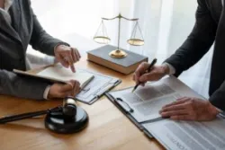 Lawyer, legal advisor, businessman brainstorming information on agreement details Business contracts in legal processing books for accuracy in contract documents.