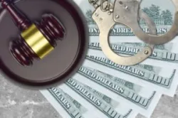100 US dollars bills and judge hammer with police handcuffs on court desk