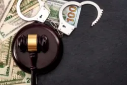 Bail bond system, bailing out of jail and innocent until proven guilty conceptual idea with judge wooden gavel, dollar banknotes and handcuffs with copy space.