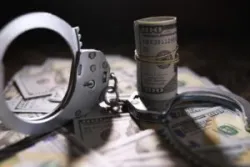 Hands of a fraudster with handcuffs on a background of us dollars and credit cards.