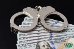 Handcuffs with cash money isolated on black background.