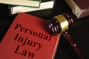 A personal injury law book and other books on a surface with a gavel.