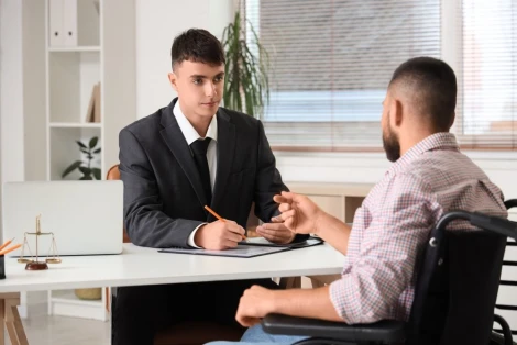 A lawyer meets with a client in an office and explains how slip and fall settlements are calculated.