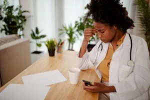A nurse, sitting at a table, pinching her forehead with eyes closed, holding her phone, unhappy about a license suspension.