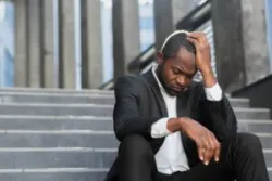 A sad man is sitting on the stairs after being fired. He is thinking about calling a lawyer to find out Massachusetts’ statute of limitations for wrongful termination.