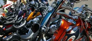 A line of motorcycles that could end up damaged in Laconia Motorcycle Week accidents.