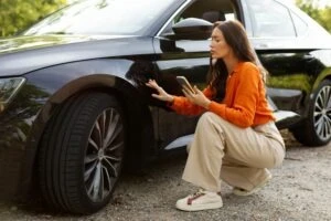 woman reviewing damage to her vehicle