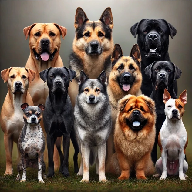 A group picture of various dog breeds commonly associated with aggressive traits, including a Pit Bull, Rottweiler, German Shepherd, Wolf-Dog hybrid