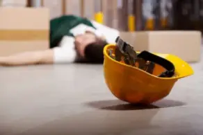 close-up on construction helmet on the ground with a worker on the floor