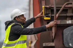 black railroad engineer on a train