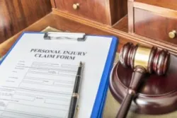 A personal injury claim form on a clipboard next to a gavel.
