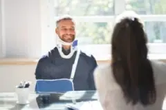 A man with a neck brace and arm sling is seated across from a Miami personal injury lawyer.